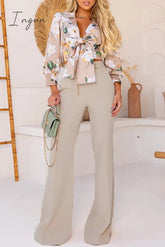 Ingvn - Elegant Floral With Bow V Neck Long Sleeve Two Pieces
