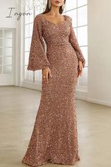 Ingvn - Elegant Formal Solid Sequins V Neck Evening Dress Dresses