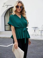 Ingvn - Neck Short Sleeve Front Tie Ruffle Hem Blouse