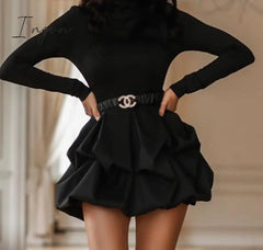 Ingvn - Solid Long Sleeve Mini Bud Dress Party Dress Black Dress Women Dress