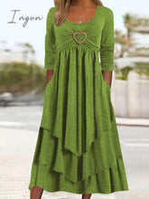 Ingvn - Women's Casual Dress Swing Dress Midi Dress Green Light Grey Dark Gray Long Sleeve Pure Color Ruched Winter Fall Spring U Neck Fashion Vacation 2023 S M L XL XXL 3XL