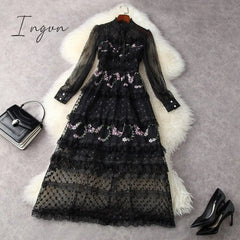 Ingvn - Spring Outfits Designer Runway Party Evening Midi Long Dresses For Women Ruffles Embroidery Floral Elegant Traf Chic Ladies Vestidos Femme Robe