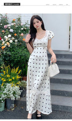 Elegant Party Lace Patchwork Satin Midi Dresses for Women Summer New Korean Casual Fashion Sweet Polka Dots Female Clothing