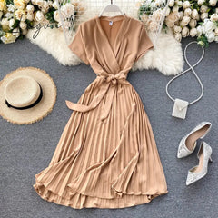 Ingvn - High Quality Solid Pleated Dress Women V neck Short Sleeves Sashes Long Dresses Summer Streetwear Vintage Vestidos