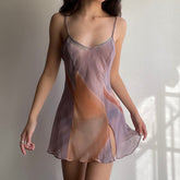 Women's Sexy Sheer Mesh Cami Dress Tie-dye Print V-neck Sleeveless Backless See-Through High Split Mini Dress E-Girl Streetwear