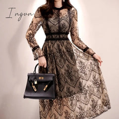 Ingvn - 2023 Fashion Outfits Spring Elegant Sexy Women Vintage Lace Long Sleeve O-Neck Robe Femme OL High Waist Casual Slim Party Dresses