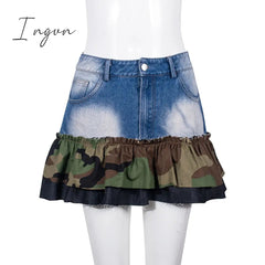 Ingvn - Women's 2023 Summer New Y2K Street Fashion Spicy Girl Personalized Camo Panel Ruffle Edge Bag Denim Mini Skirt