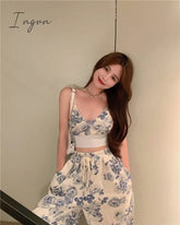 Ingvn - Pants Sets Woman Summer Camisole Short Top High Waist Pant Wide Leg Casual Korean Fashion Two Piece Suits Women Clothing
