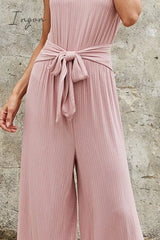 Ingvn - Ribbed Scoop Neck Tie Waist Sleeveless Jumpsuit