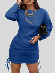 Women's Flattering Ruched Long Sleeve Dress - Adjustable Drawstring, Cozy Crew Neck Design, Versatile Casual Attire for Everyday Elegance