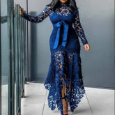 Ingvn - Slim Sexy Dress Women Spaghetti Straps Lace Mesh Perspective Party Fishtail Patchwork Midi Bodycon Plus Size Vestidos