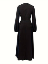 Button Front Tied Waist Dress, Elegant Lantern Sleeve A-line Maxi Length Dress For Spring & Fall, Women's Clothing