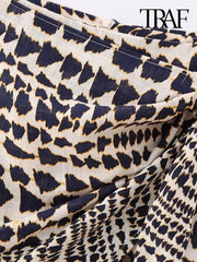Women Fashion With Beaded Print Wrap Mini Skirt Vintage High Waist Back Zipper Female Skirts Mujer