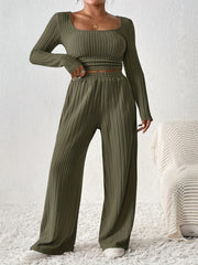 Casual Ribbed Solid Color Pants Set, Low Cut Neck Long Sleeve Crop Top & Elastic Waist Wide Leg Loose Pants, Women's Clothing