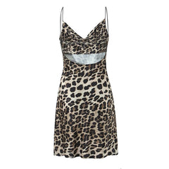 Women Sexy Backless Leopard Print Sling Short Dresses Summer Lady Swinging Collar Night Out Club Party Dresses
