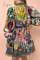 Ingvn - Bohemian Vintage Print Bandage Buckle Mandarin Collar Pleated Dresses