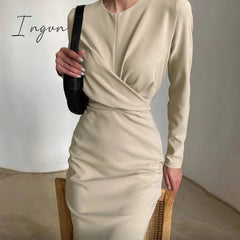 Ingvn - Autumn Elegant Women's French Dress Fashion Long Sleeves Casual Solid Color Dresses New High Waist Office Ladeis Party Vestidos