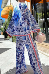 Ingvn - Bohemian College Floral Patchwork O Neck Long Sleeve Two Pieces