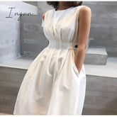 Ingvn - Summer Women Solid White Black Fashion Elegant Casual Party Dress O neck Sleeveless Tank Sundress Female Vestido