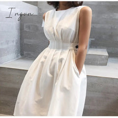 Ingvn - Summer Women Solid White Black Fashion Elegant Casual Party Dress O neck Sleeveless Tank Sundress Female Vestido