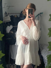 Ingvn - Summer Dresses For Women Sexy Plunge V Neck Women's Summer Dress White Lace Long Sleeve Mini Wedding Party Dress Ruffle Elegant Clothes
