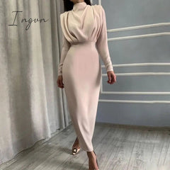 Ingvn - New Fashion Solid Party Dress Women Elegant Stand Collar Pleated Slim Long Dresses Lady Autumn Spring Casual Commute Dress