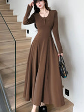 Women's Solid Maxi Dress Casual Korean Chic Long Sleeve U-Neck Slim Fit A-Line Autumn Sexy Prom Robe Vestidos Mujer New Clothes