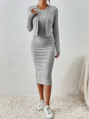 Chic Solid Two-Piece Set - Flattering Single-Breasted Cardigan & Sleeveless Bodycon Dress Outfit - Perfect for Casual or Formal Wear - Womens Fashion Clothing