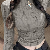 Ripped Ruched Crop T-Shirt, Casual Crew Neck Long Sleeve Top, Women's Clothing