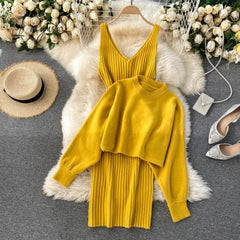 Ingvn - New Fashion Autumn Winter Women's Thicken Warm Knitted Pullover Sweater Two-Piece Suits +High Waist dress Set