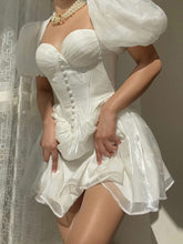 Mesh Corset Mini A Line Dresses Skims White Off Shoulder Summer Sexy Folds Puff Sleeve Women Elegant Evening Vestidos