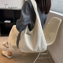 Ingvn - Canvas Shoulder Women's Tote Bag Corduroy Simple Casual Large Capacity Designer Handbags For Women Travel Solid Shopper Bag