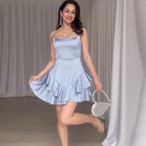 Pphmm hoco dresses Summer New Solid Color Satin Slim Fit Slimming A- line Suspender Skirt