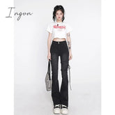 Ingvn - Women's Clothing Flare Jeans Black Lacing High Waist Stretchy Self Cultivation Vintage Casual Baggy Ladies Denim Trouser Summer