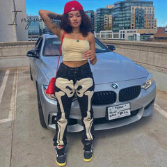 Ingvn - Hot Sell Quality Gitana Autumn Skeleton Print Vintage Women's Jeans Low Waist Pants Streetwear Denim Jeans Casual Baggy Jeans Outfits