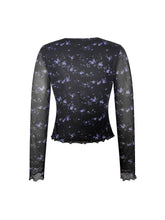 Floral Print V Neck T-Shirt, Casual Long Sleeve Lace Decor Slim Top, Women's Clothing