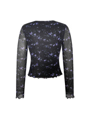 Floral Print V Neck T-Shirt, Casual Long Sleeve Lace Decor Slim Top, Women's Clothing