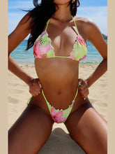 Lace Colorful Flower Print Bikini Shirring 2 Piece Set Women Halter Bra Tops+Skinny Briefs Vacation Beach Style Outfits