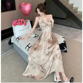 New Summer Vintage Print Long Dress Women V-neck Sleeveless Sling Loose Backless Elegant Beach Holiday Fairy Dresses