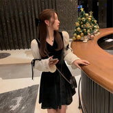 Ingvn - French Vintage Mini Dress Women Spring Lace Bow Velvet Evening Party Dress Female Y2k Casual Kawaii One Piece Dress Korean