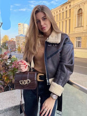 Woman's Fashion Thick Warm Faux Shearling Jacket Coat Vintage Long Sleeve Belt Hem Female Outerwear Chic Tops