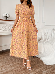 Blossoming floral print dress - Romantic Puff Sleeves & Shirred Bodice - Perfect for Spring/Summer - Flattering Crew Neck - Stylish Womens Casual Wear