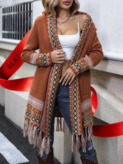 Vibrant Geo Pattern Tassel Hem Cardigan - Long Sleeve, Retro Ethic Style, Soft and Cozy, Perfect for Fall and Winter, Women's Fashion Clothing for Chic and Confident Ladies