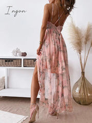 Ingvn - 2023 Fashion Women Summer Princess Dress Bohemian Sling Backless Deep V-Neck Floral Printing Ladies Dress Zipper Irregular Dress Streetwear