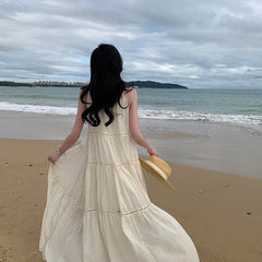 Elegant Chic Striped Chiffon Midi Dresses for Women Summer Beach Sleeveless Openwork Patchwork Bow Loose Casual Female Clothing