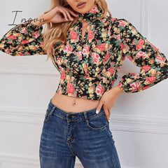 Ingvn - Cropped Floral Print Smocked Waist Blouse