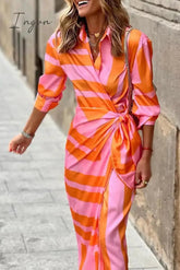 Ingvn - Fashion Print Split Joint Turndown Collar Shirt Dress Dresses(3 colors)