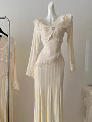 Women French Vintage Lace Dress Old Money Maxi Robe Trumpet Mermaid Frocks Long Sleeve One-Piece Evening Prom Gown Party Fairy