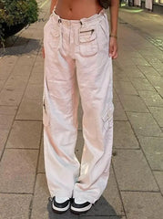Ingvn - Women Spring Fashion Multi Pockets White Cargo Pants Women Adjustable Low Waist Baggy Wide Leg Jeans Oversized Casual Trousers Retro Bottoms Iamhotty