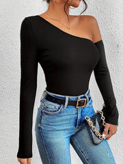 One Shoulder Long Sleeve T-Shirt - Timeless Solid Color, Chic Relaxed Fit, Perfect for Spring & Fall, Womens Casual Wear